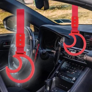 Red Moon Shape JDM Ring Tsurikawa Train Bus Car Handle Strap -Red Nylon X2 - Picture 1 of 7