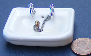Cream Oblong Ceramic Sink With Fitted Taps Tumdee 1:12 Scale Dolls House Cr11