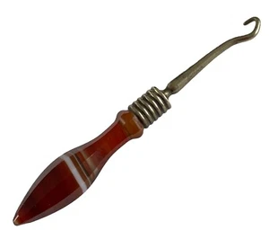 Antique "Miniature" Orange Banded Agate Handled Button Hook 6.5cm - Picture 1 of 6