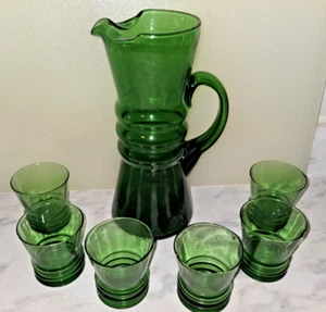 Vtg Pitcher Caraffe Green Glass MCM Italy cups Zbigniew Horbowy Imported Enesco - Picture 1 of 13