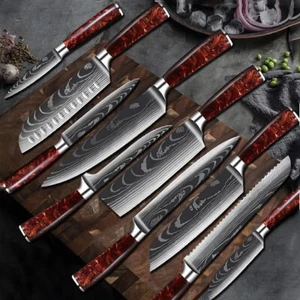 Juego de 10 cuchillos de cocina de acero inoxidable con patrón de Damasco japonés rojo - Imagen 1 de 25