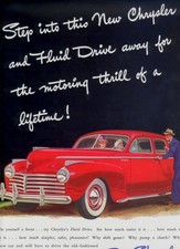 1941 Ad CHRYSLER FLUID DRIVE Red Sedan Auto, rev Chesterfield Cigarette Military