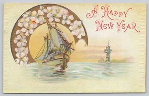 Postcard New Year Greetings Ship Lighthouse - Picture 1 of 2
