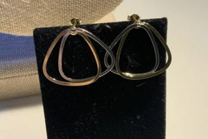 14K Massiv Gelb & Weißgold Halbkreis Rund Dreieck Tropfen Ohrringe Pfosten Rückseite - Bild 1 von 4