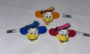 VTG Donald Duck Face Plastic Barrettes Pink Orange Blue Snap In Set Of 3 - Picture 1 of 10