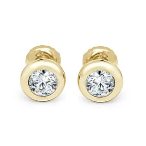 Solitaire Stud Earrings I1 G 0.60 Ct Round Diamond Donut Bezel Set Yellow Gold - Picture 1 of 6