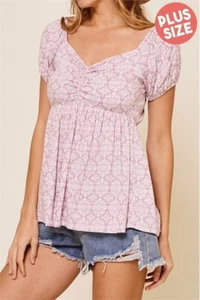 Womens Plus Size Pink Floral Top 1XL Sweetheart Neckline Short Sleeve - Picture 1 of 3