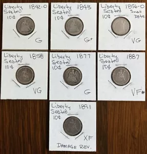 Seven (7) Seated Liberty Dimes - 10c - Most are G or better - 90% Silver - Picture 1 of 9