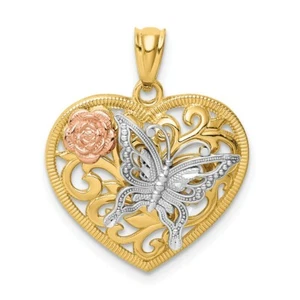 14k Oro Amarillo & Blanco Diamante Corte Filigrana Mariposa Colgante Corazón - Imagen 1 de 4
