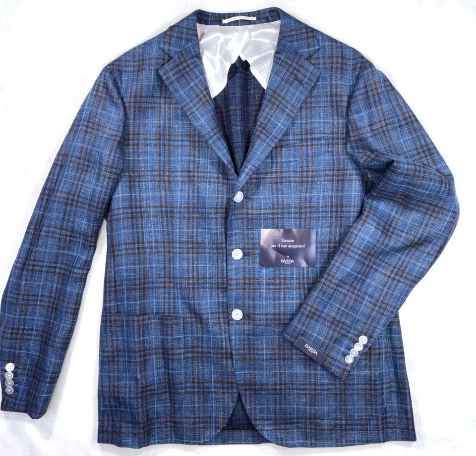 Abrigo deportivo Barba Napoli 54R lana seda lino azul a cuadros $1350 nuevo con etiquetas Preppy Italia Foto 1 de 4