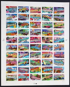 Hoja de 50 saludos desde América 37c #3696-3745 como nueva de Estados Unidos. Cancelación primer día. - Imagen 1 de 1