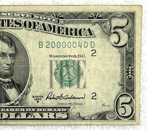 Green Seal 1950 Low Digit Fancy Serial - 20000040 - $5 Bill Federal Reserve Note - Picture 1 of 3