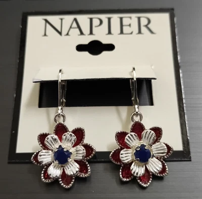 Новый Napier серебристого тона красный белый и синий Америка цветок капли серьги - Изображение 1 из 4