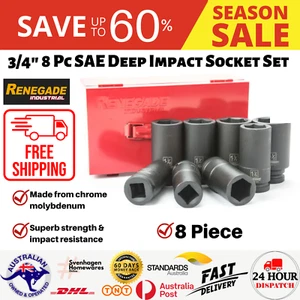 Renegade Industrial 3/4" 8 Pc SAE Deep Impact Socket Set Imperial Square Size - Picture 1 of 8