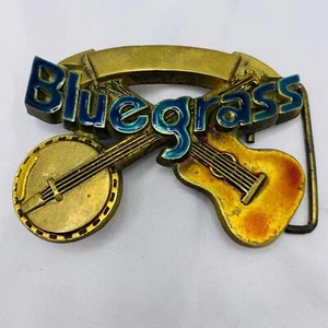 Vintage 1980 Solid Brass Baron Buckles Bluegrass Banjo & Guitar Mens Belt Buckle - Picture 1 of 3