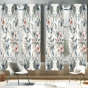 Birds and Nature Window Curtains Pack of 2, Muted Tone Leafy Floral Huddles with - Picture 1 of 7
