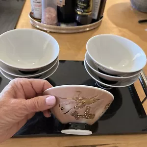 Set Of 7 Golden Dragon Moriage 5 1/8” Rice Bowls Mocha Brown, hand painted - Picture 1 of 3