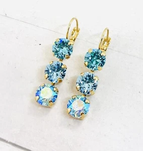 Shiny Yellow Gold Plated Aquamarine Blue Triple Stone Cup Chain Earrings - Picture 1 of 9