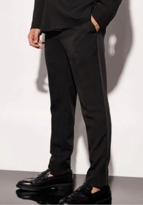 Neue schwarze Skinny Smokinghose vorne flach Gürtelschlaufen schmale Passform Smokinghose weich 34" - Bild 1 von 7