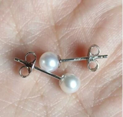 Nuevos Pendientes Perla Redonda Blanca Akoya 3-4MM AAA+ PERFECTOS Cultivados Oro Blanco 14K Foto 1 de 3