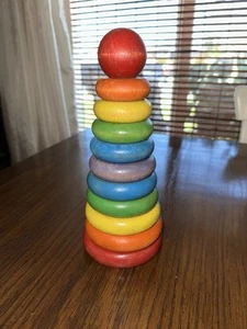 Vintage Wooden Rainbow Stacker Wooden Ring Educational Toy Stacking Ring 9 1/2” - Picture 1 of 7