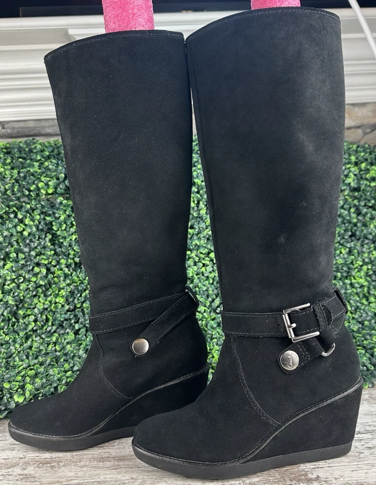 Botas altas de cuña COACH Candid para mujer 6.5B negras gamuza hasta la rodilla hebilla Foto 1 de 4