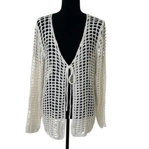 Women White Long Sleeve Crochet Cover Up With Tie Front Size L - Picture 1 of 8