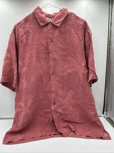 Tommy Bahama 100% Silk Button Up Shirt Salmon Pink Men Size M Palm Trees - Picture 1 of 7