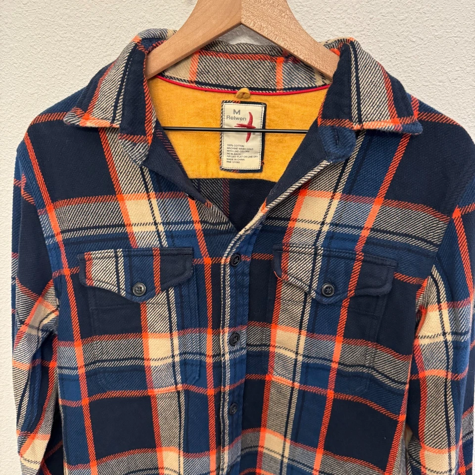 Camisa de franela de sarga cepillada Relwen para hombre mediana escocesa tartán azul naranja pesada Foto 1 de 4