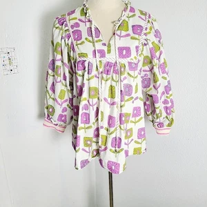 Entro lila, weiß & grün geblümtes Boho Top mit weiten Ärmeln, Größe L - Bild 1 von 11
