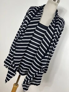 Jones New York 1X Sweater Navy Blue Gray Stripe Cardigan Scoop Neck Long Slv J9 - Picture 1 of 6