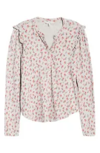 Lucky Brand Damen Top Small Petitie grau Blumenmuster Rüschen Henley Langarm - Bild 1 von 12