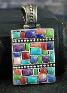 925 Sterling Silver Multi Colorful Gemstone Rectangular Pendant / Charm - Imagen 1 de 9