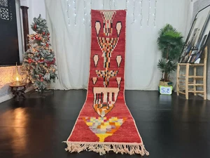 Handmade Moroccan Boujad Runner Rug 2'5x11'7 Berber Abstract Red Yellow Wool Rug - Picture 1 of 12