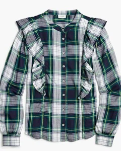 Blusa J Crew BL726 NUEVA CON ETIQUETAS para mujer talla XL Glen a cuadros con volantes delanteros abotonados - Imagen 1 de 4