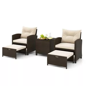 5 Pcs Patio Rattan Furniture Set 2 Chair & Tempered Glass Coffee Table 2 Ottoman - Picture 1 of 13