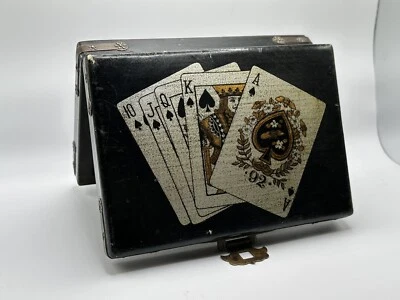 Antique Vintage Card Box Black Lacquer Wood Playing Card Ace Queen King Hinged - Image 1 of 4