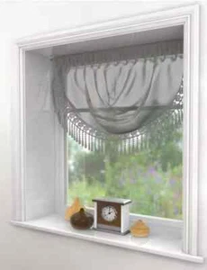 Luxury Macrame Lace Trimmed Pale Grey Soft Voile Window Curtain Swags Pelmet - Picture 1 of 3