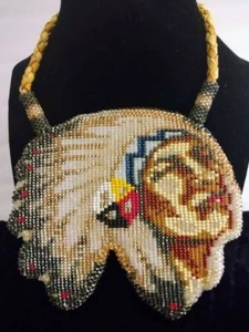 Native Fully Beaded Leather Backed Chiefs Head Medallion Braided Leather Chain - Picture 1 of 3