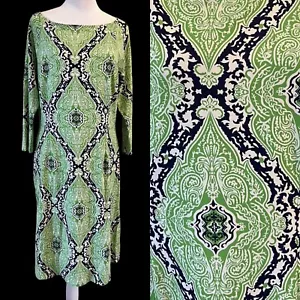 J. McLaughlin Mari Dress Green Blue Damask Catalina Cloth Sheath preppy Career M - Picture 1 of 7