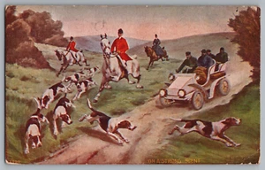 AK C1909 Auf starkem Duft, antikes Auto Hunde Pferde Männer Frauen Jagd - Bild 1 von 2