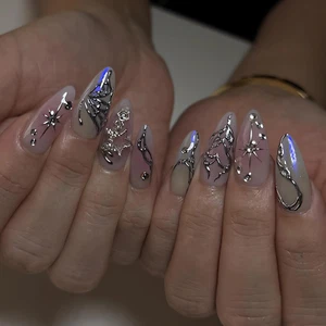 3D Silver Press on Nails Medium Almond Fake Nails with Star Butterfly Designs Gr - Picture 1 of 12