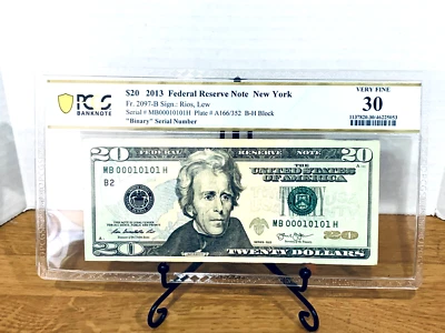 2013 $20 FRN PCGS Very Fine 30 Fancy TRUE 0/1 BINARY Serial #MB00010101H - Image 1 of 2