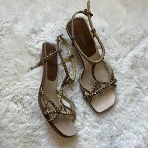 Prada Brown Leather Gold Stud Kitten Heel Strappy Sandals Size 36 - Picture 1 of 7
