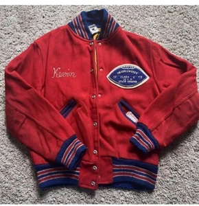 1975 RED Letterman Messalonskee Maine WOOL Baseball Jacket Kevin Varsity Footbal - Picture 1 of 8