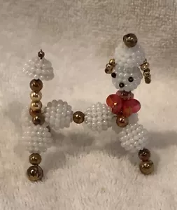 Vintage Beaded Poodle Dog Figurine 3” Tall White & Gold Dog With Red Collar - Picture 1 of 6