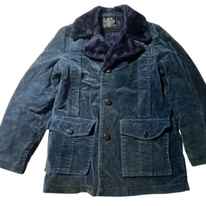 Vintage 1970’s Put On Shop Blue Corduroy Faux Fur Collar Jacket Women’s Medium - Picture 1 of 6