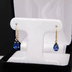 14K Real Gold Blue Topaz Earrings Designer ZZ Teardrop Dangle Yellow Gold .75"+ - Picture 1 of 21
