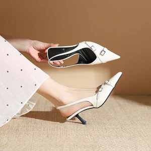 Womens Pointed Toe Slingback Sandals Buckle 6cm Mid Stilettos Heels Party Ladies - Picture 1 of 26