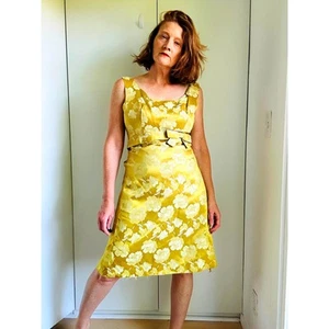 Vintage 60s Sateen Brocade Formal Dress Gold Size Medium Knee Length Retro - Picture 1 of 7
